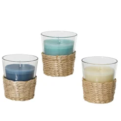 Duftkerze Citronella im Glas, Duftkerze blau im Bastkorb, outdoor, 7x7cm