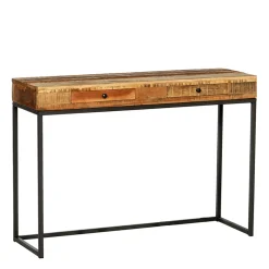 Eisen-Naturholz Konsole Victoria, rustikale Altholz Konsole mit 2 Schubladen auf Eisengestell, 75x11