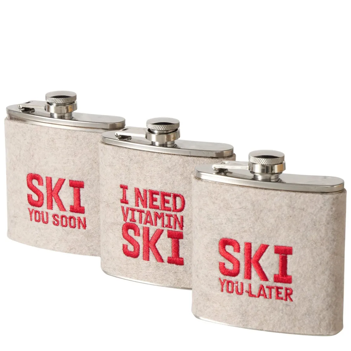 Flachmann Ski mit unterschiedlichen Sprüchen, Trinkflasche Skiing bestickt, 170ml, Boltze Home Colle