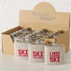 Flachmann Ski mit unterschiedlichen Sprüchen, Trinkflasche Skiing bestickt, 170ml, Boltze Home Colle