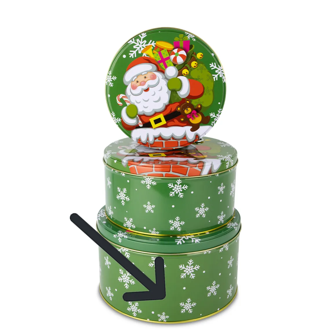 Gebäckdose Weihnachtsmann im Schornstein, Keksdose rund aus Metall grün, 18x10cm