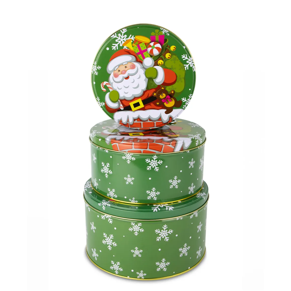 Gebäckdose Weihnachtsmann im Schornstein, Keksdose rund aus Metall grün, 18x10cm