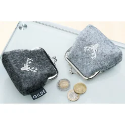Geldbeutel Hirsch, Portemonnaie aus Filz mit Hirsch, Klippverschluß, helles grau, 10x10cm, Gilde Handwerk