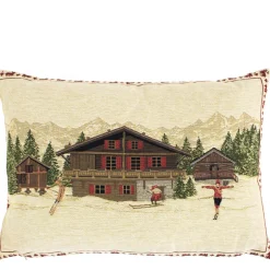 Gobelin Kissen Berghütte, Chalet mit Skifahrer, 30x45cm, Mars & More