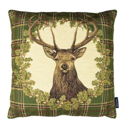 Gobelin Kissen Hirsch, Hirsch Tartan im Kranz, grün kariert, 45x45cm, Mars & More