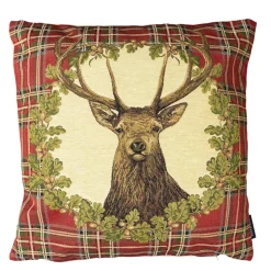 Gobelin Kissen Hirsch, Hirsch Tartan im Kranz, rot kariert, 45x45cm, Mars & More