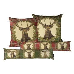 Gobelin Kissen Hirsch, Hirsch Tartan im Kranz, rot kariert, 45x45cm, Mars & More