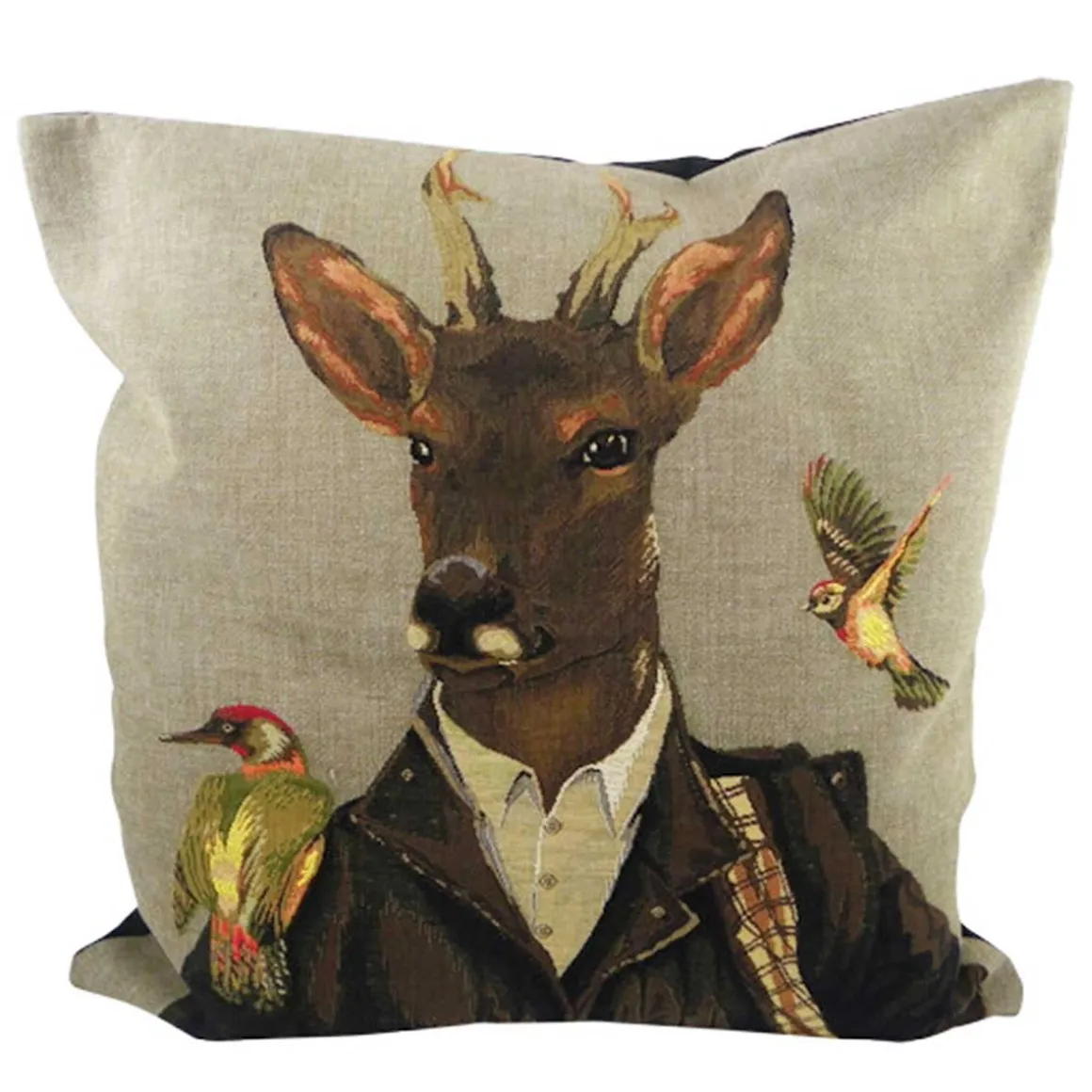 Gobelin Kissen Hirsch, Jäger Rehbock mit Vögel, 45x45cm, Mars & More