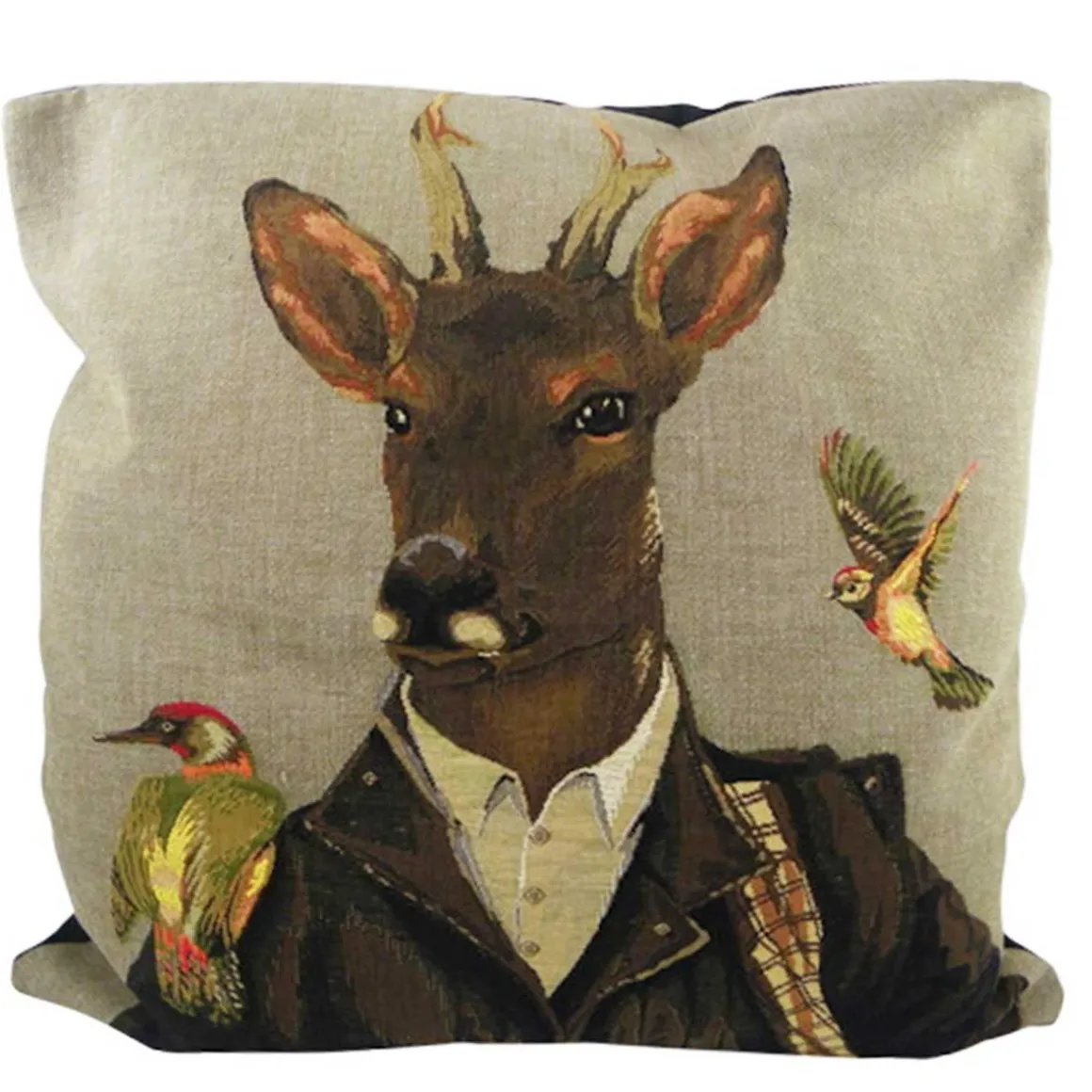 Gobelin Kissen Hirsch, Jäger Rehbock mit Vögel, 45x45cm, Mars & More