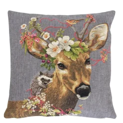 Gobelin Kissen Hirsch, kleiner Rehbock mit Blumen und Igel, 45x45cm, Mars & More