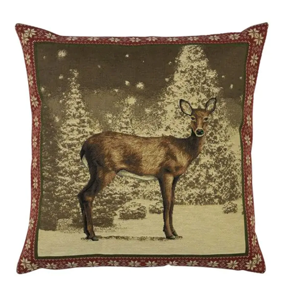 Gobelin Kissen Hirsch, Winterhirsch, roter Rand, 45x45cm, Mars & More