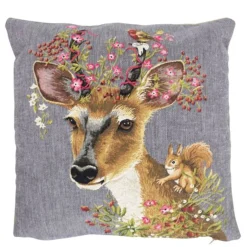 Gobelin Kissen Reh, kleiner Rehbock mit Blumen und Eichhörnchen, 45x45cm, Mars & More