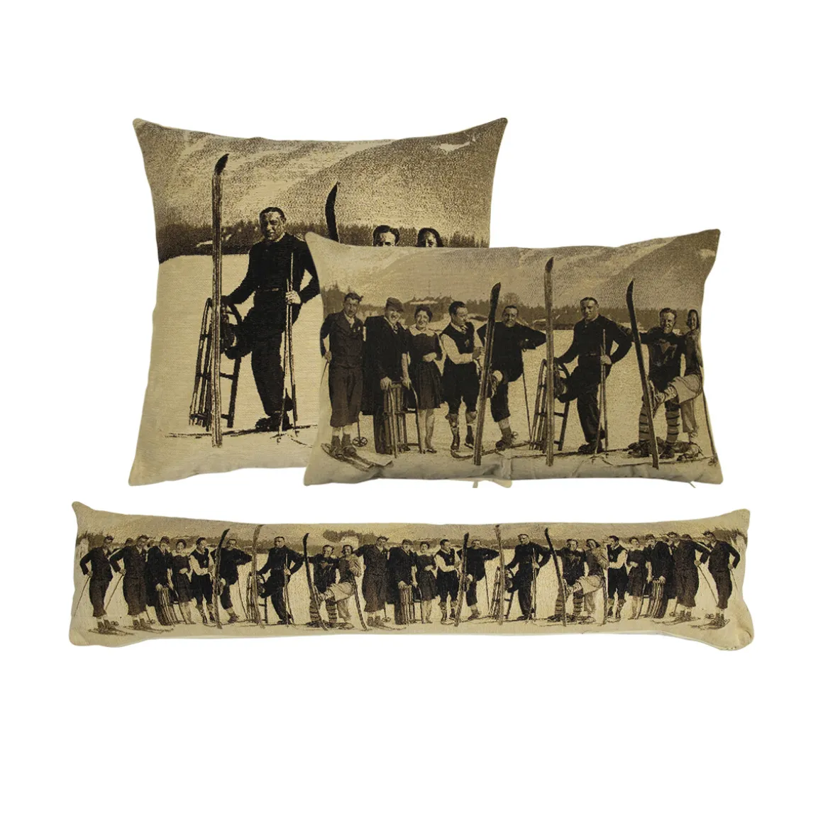 Gobelin Kissen Skifahrer Nostalgie, Mann auf Ski, Sepia, 45x45cm, Mars & More