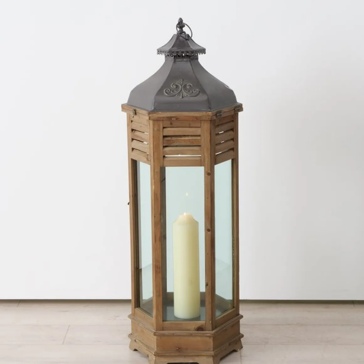 Holz Laterne Hector, lange schmale Holzlaterne mit Schublade und Metalldach, 115x40cm, Boltze Home C