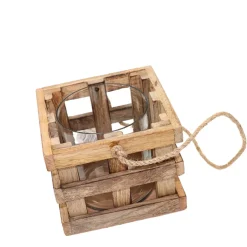 Holz Windlicht Wood, Windlicht in Würfelform mit Gitteroptik und Juteseil, 12x12cm