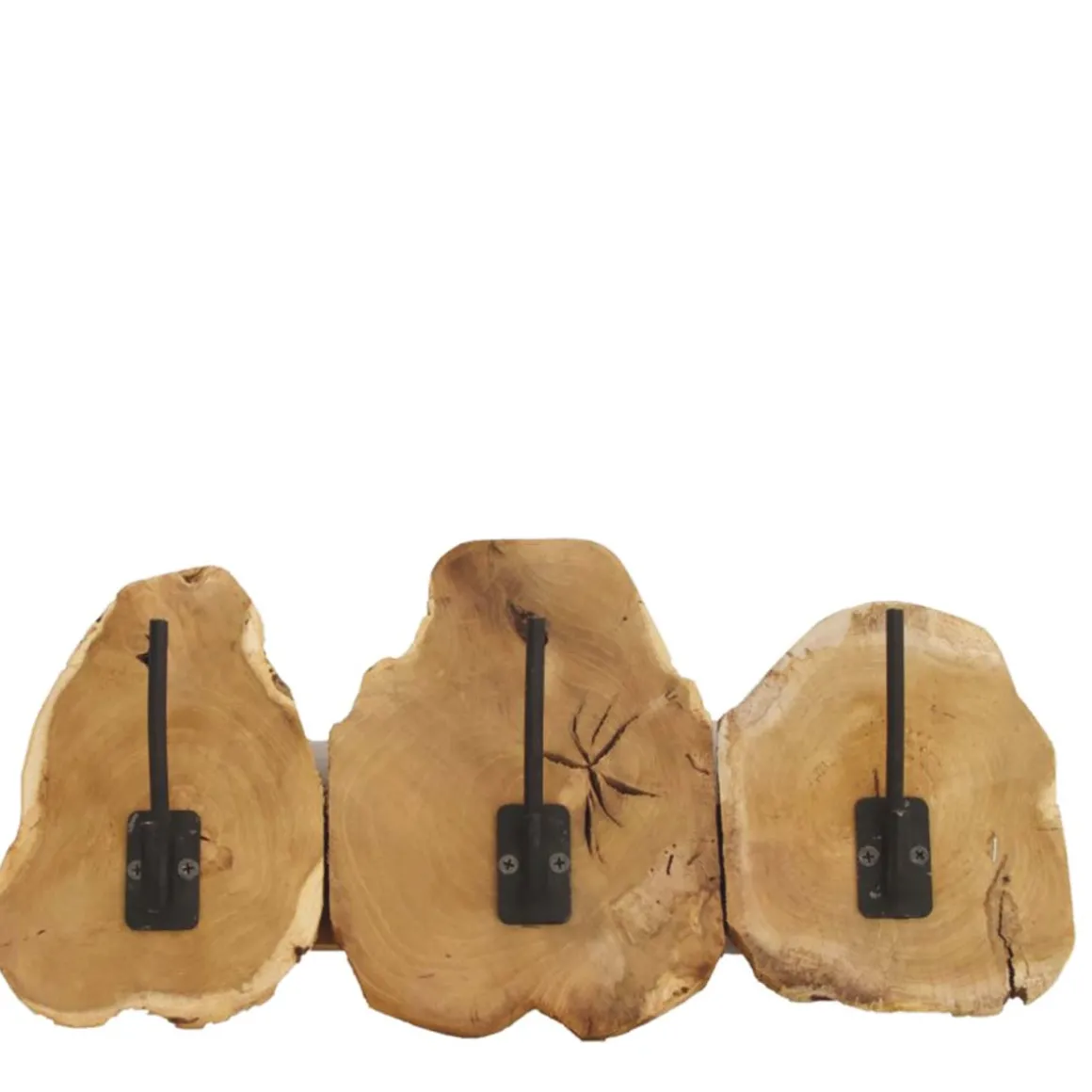 Holzgarderobe Teak Natur, 3 Holzscheiben mit Metallhaken, 46x20cm, DIJK Natural Collections