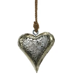 Holzherz Antiklook mit Metallüberzug und Verzierung, silber, breites Herz