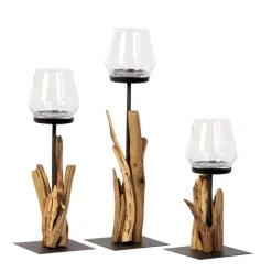 Holz Windlicht Raisa Naturholz, rustikales Eisenwindlicht mit Schwemmholz, 40cm, WMG Grünberger