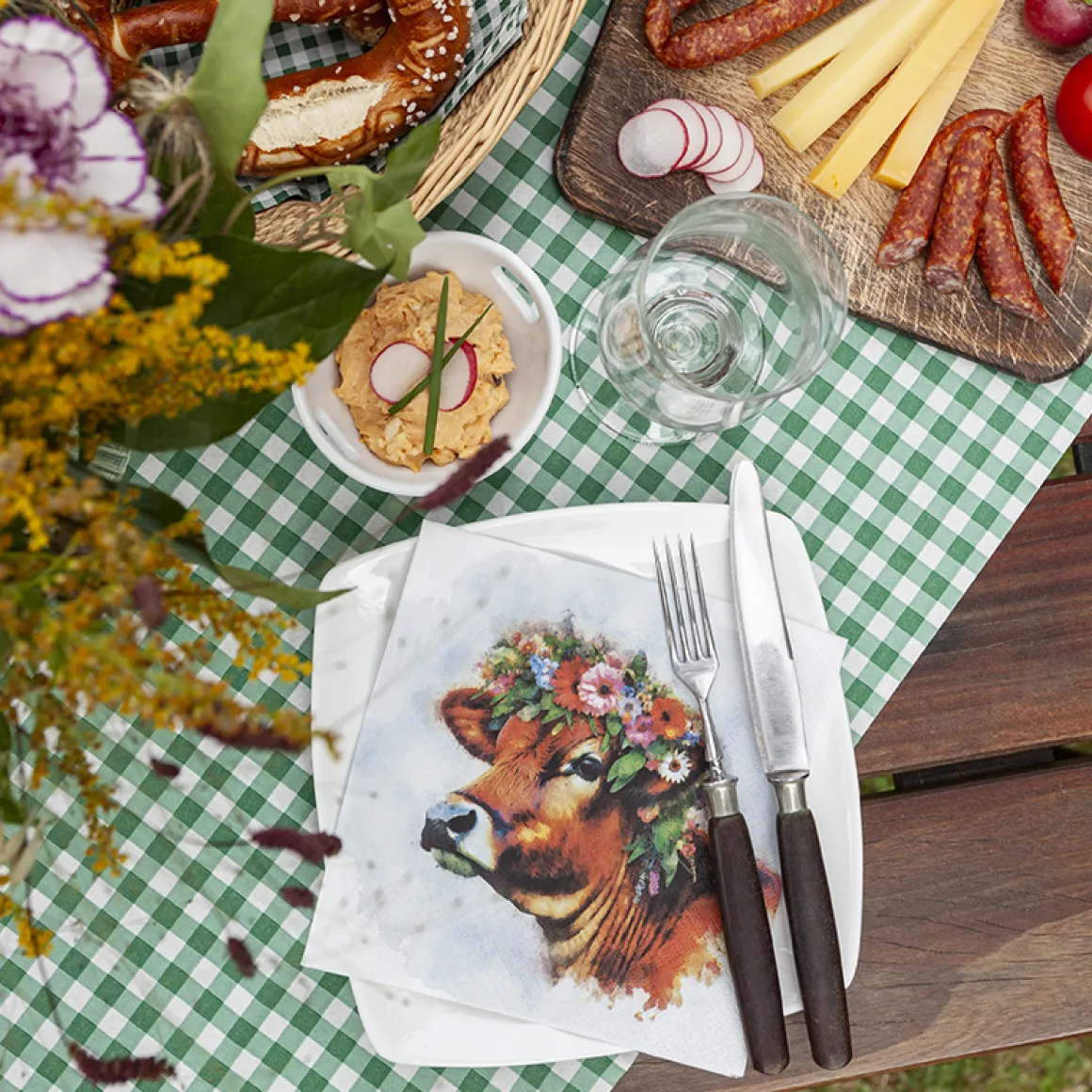 Home Fashion Papierservietten Heimat, Alpenkuh mit Blumenkranz Muh!, 33x33cm