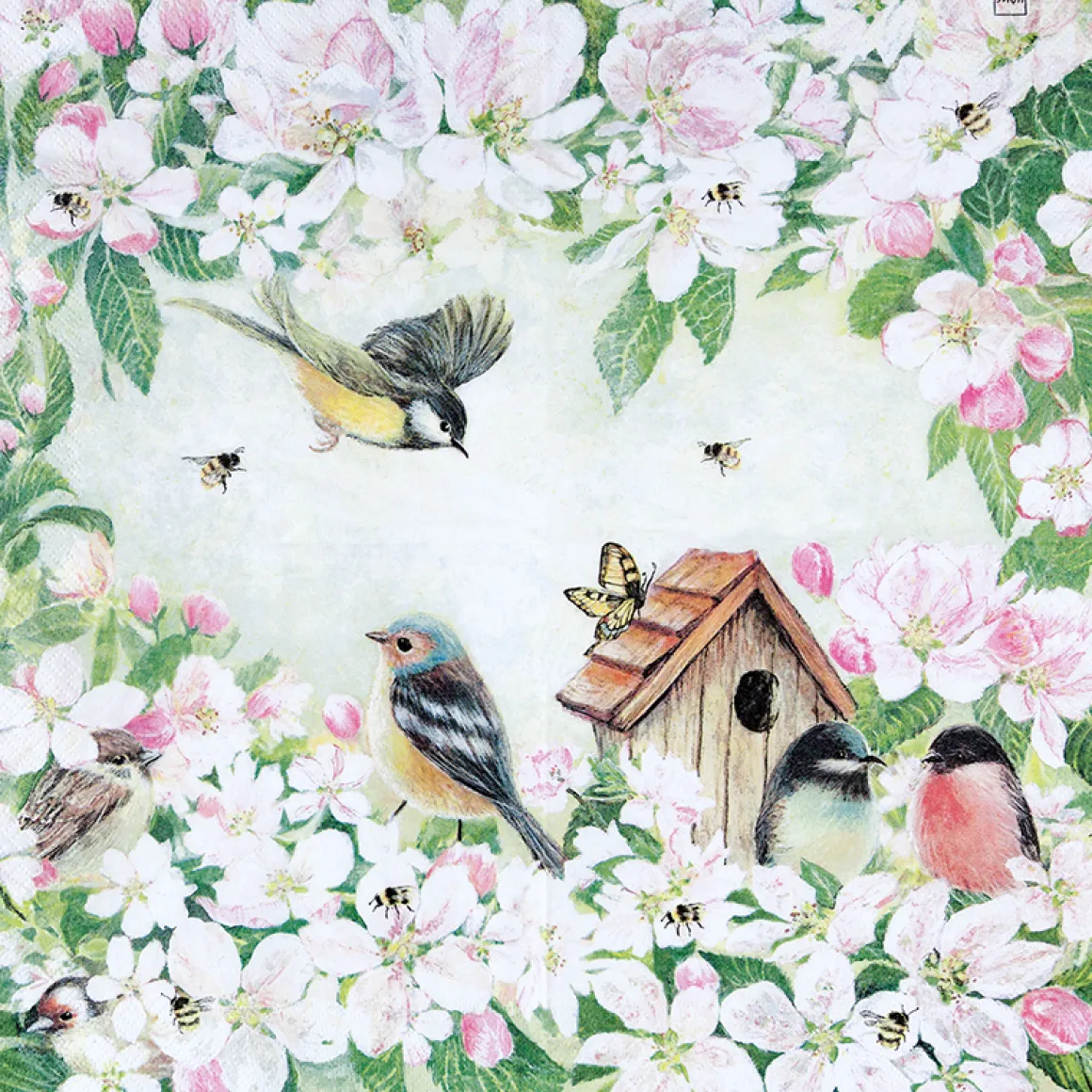 Home Fashion Papierservietten Frühling, Vögel, Bienen und Schmetterlinge auf Blüten, 25x25cm