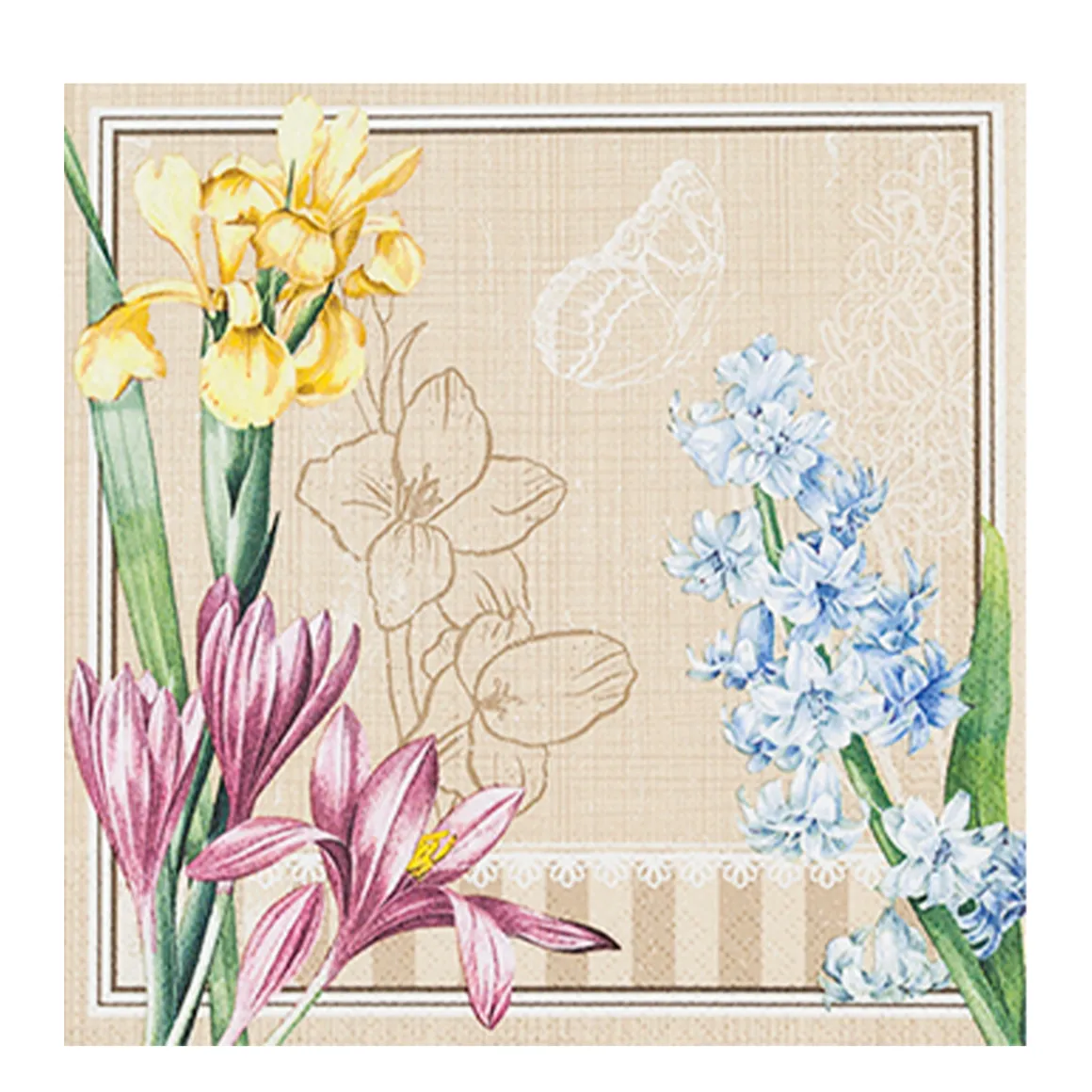 Home Fashion Papierservietten Frühlingsblumen auf Leinenoptik, 33x33cm