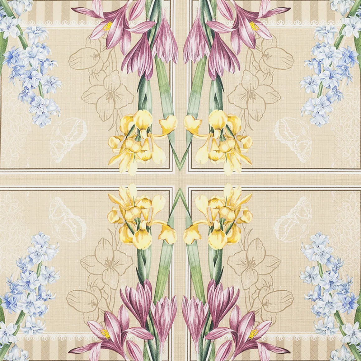 Home Fashion Papierservietten Frühlingsblumen auf Leinenoptik, 33x33cm