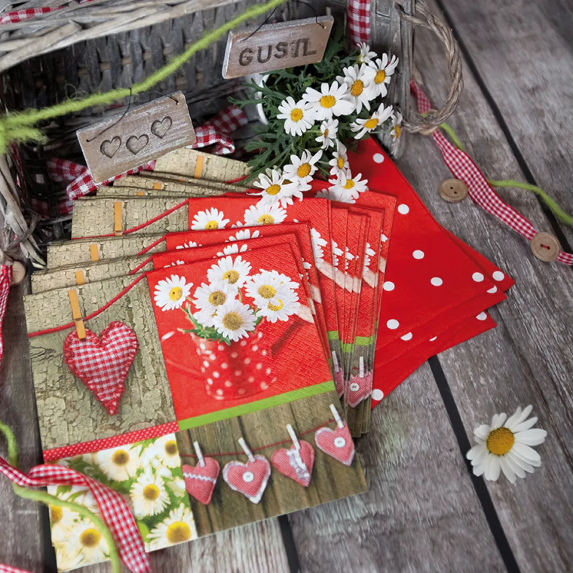 Home Fashion Papierservietten Landhaus, Herzen und Gänseblümchen, 33x33cm