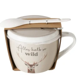 Jumbobecher Hirsch, Porzellanbecher mit Henkel, Deckel und Löffel, Alles halb so wild, Boltze Home Collections
