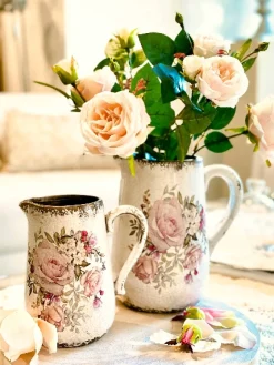 Keramik Krug Rosen, Keramikkrug mit Henkel und Rosenmuster, 18x12cm