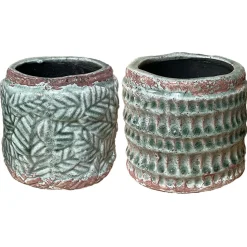 Keramik Pflanztopf Blätter Relief, Übertopf grün-terra, 11x10cm