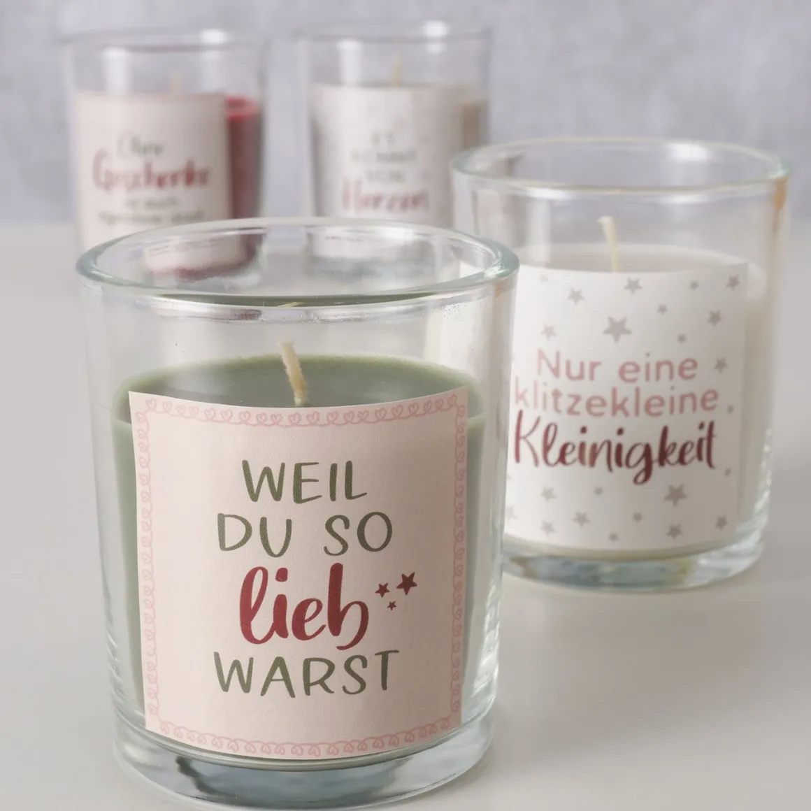 Kerzenglas Mitbringsel mit Spuch, 4 versch. Motive, 7x6cm, Boltze Home Collections