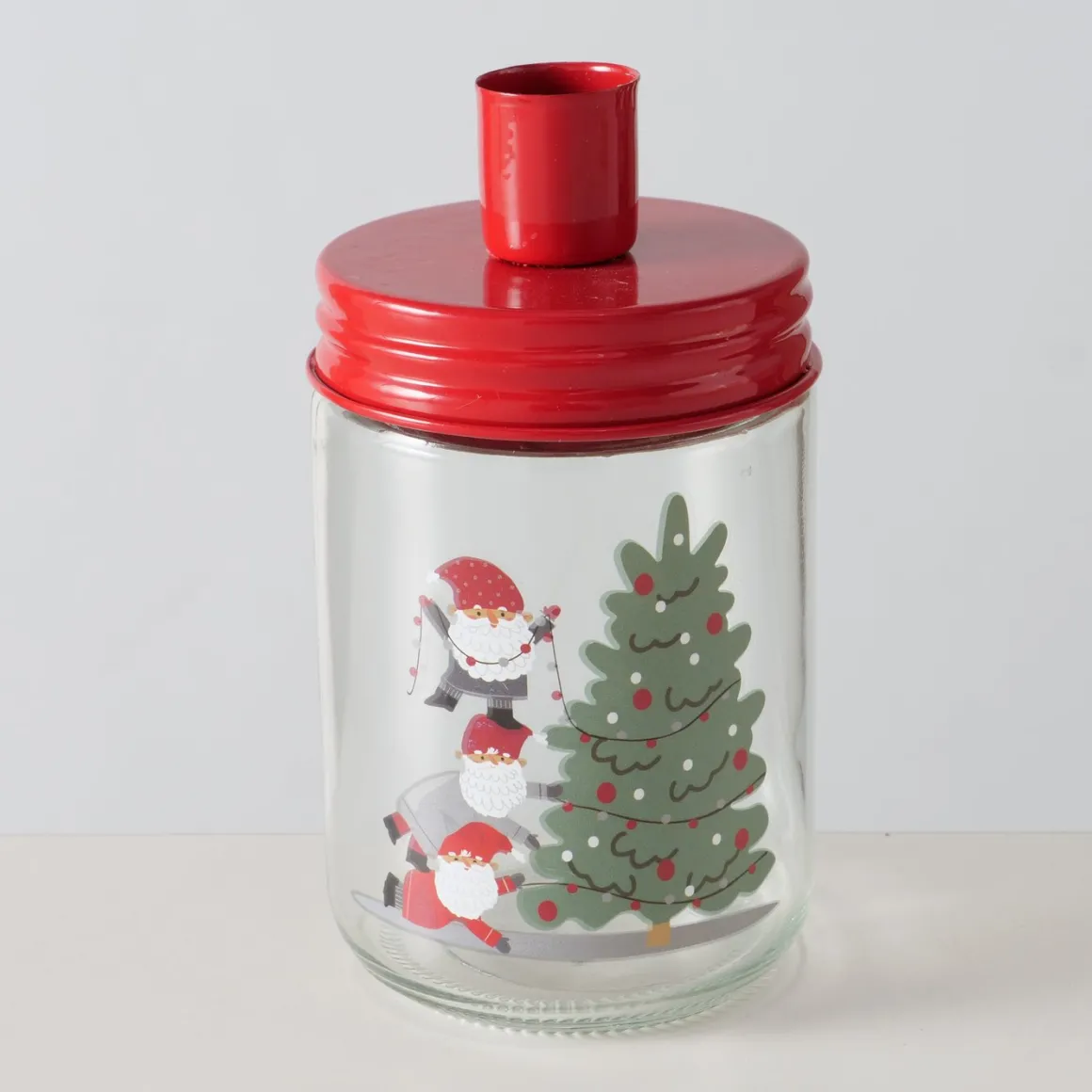 Kerzenglas Weihnachtsmann, Kerzenhalter rot, mit Tannenbaum, Boltze Home Collections