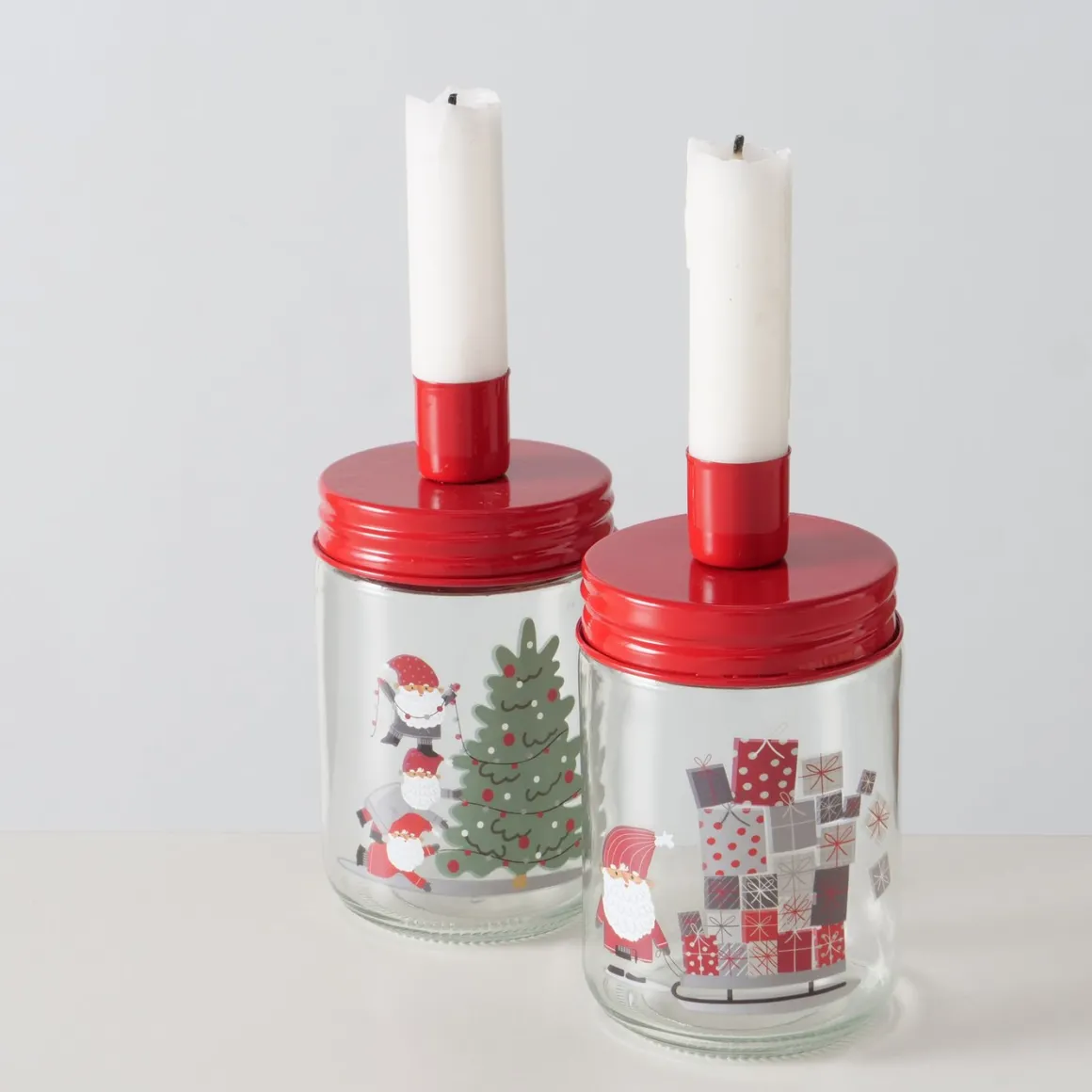 Kerzenglas Weihnachtsmann, Kerzenhalter rot, mit Tannenbaum, Boltze Home Collections