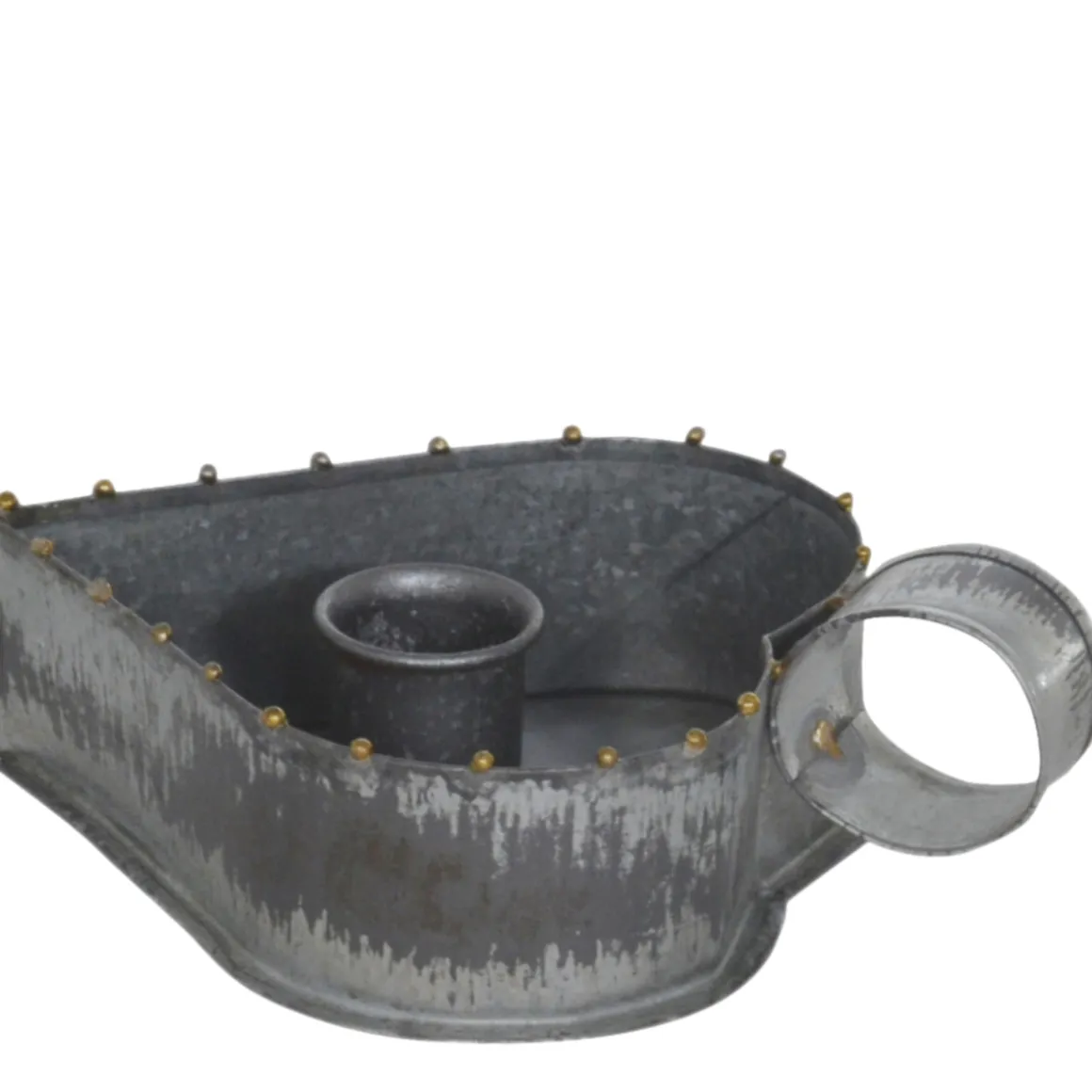 Kerzenhalter Herz used look, Zinkschale für Stabkerzen, Kammerleuchte mit Griff, 15x10cm