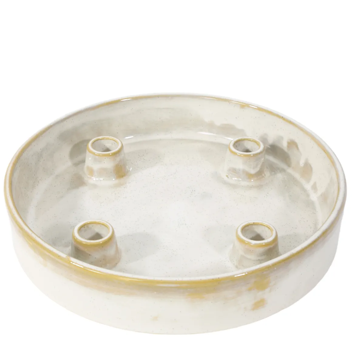 Kerzenhalter Schale rund, Keramikschale mit 4 Stab-Kerzenhalter, cremeweiß