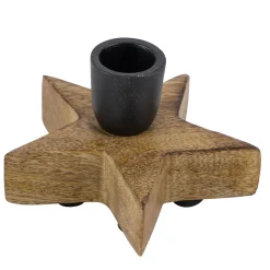 Kerzenhalter Stern, Holz-Metall-Kerzenhalter für Stabkerzen in Sternform, natur-schwarz