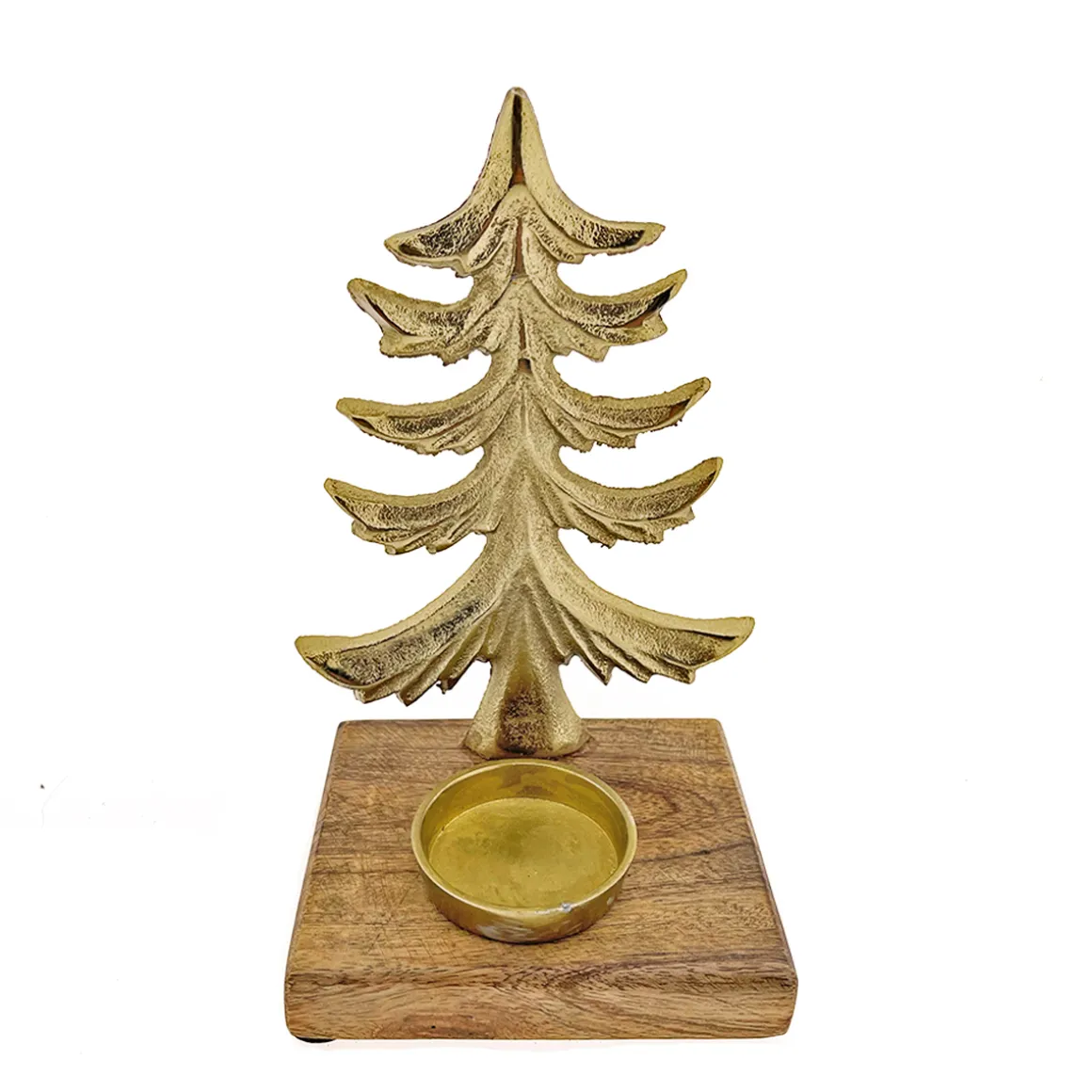 Kerzenhalter Tannenbaum Antik gold, Metallbaum auf Holzsockel, 20x12cm