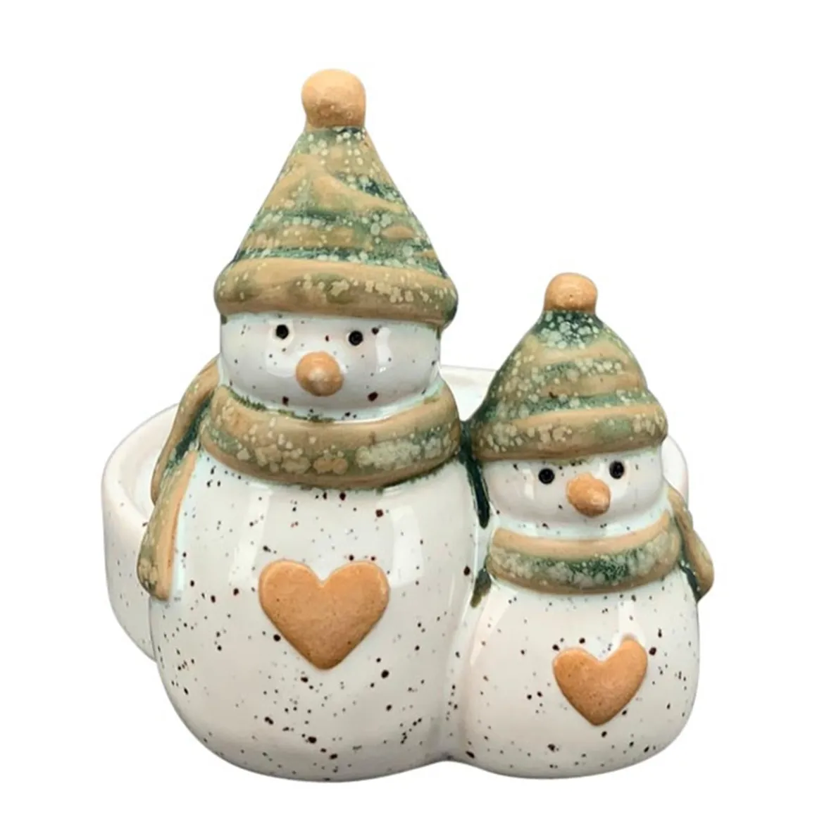 Kerzenhalter Schneemann, Keramik Kerzenständer: großer und kleiner Schneemann mit Herz