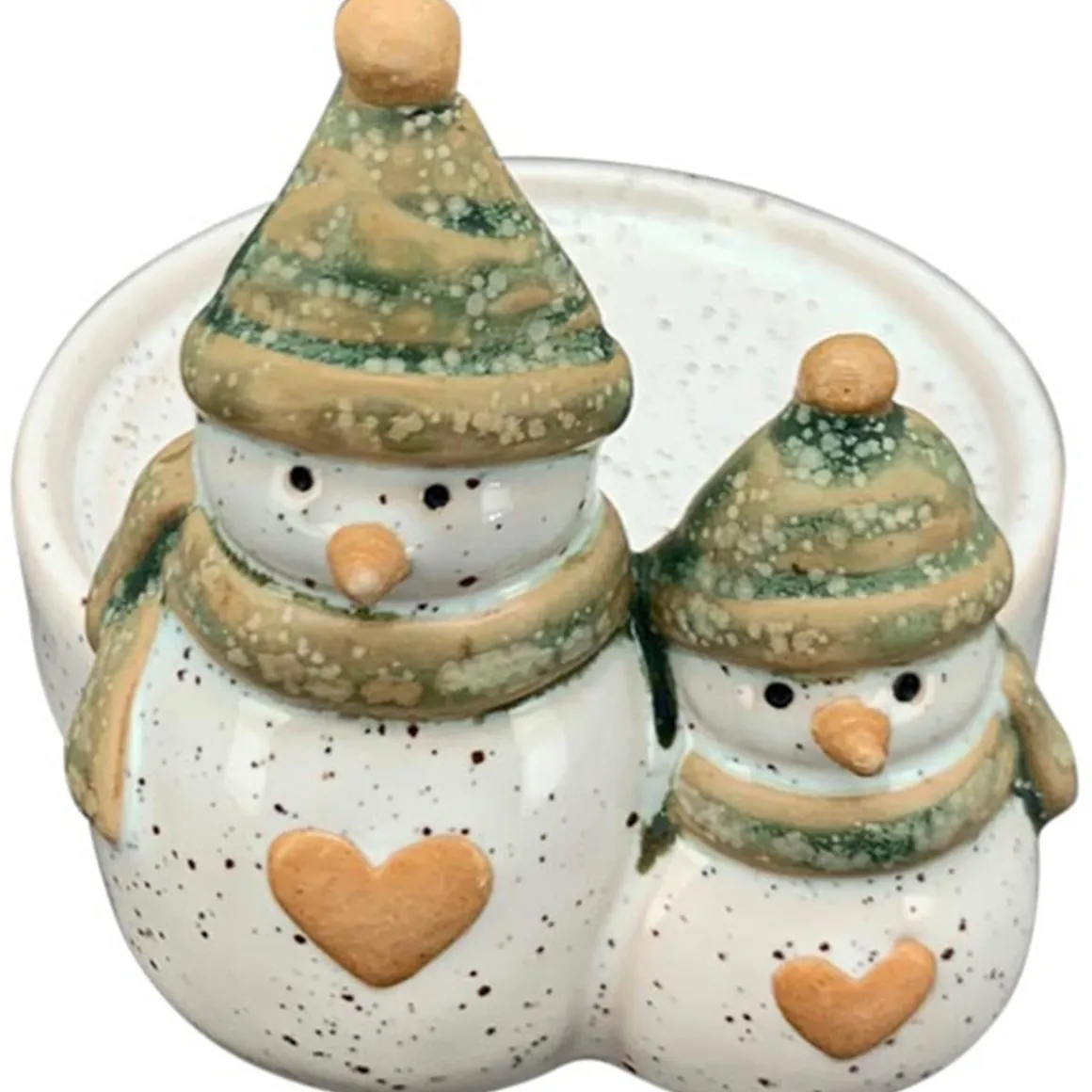 Kerzenhalter Schneemann, Keramik Kerzenständer: großer und kleiner Schneemann mit Herz