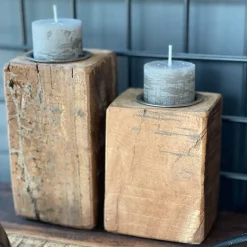 Kerzenständer Altholz, kleine rustikale Holzsäule für Teelichte oder Stumpenkerzen, 13cm, WMG Grünbe