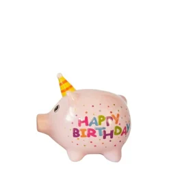 Kleine Spardose Party Schweinchen Happy Birthday, Sparschwein weiß mit Partyhut, Keramikspardose