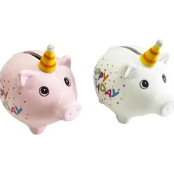 Kleine Spardose Party Schweinchen Happy Birthday, Sparschwein weiß mit Partyhut, Keramikspardose