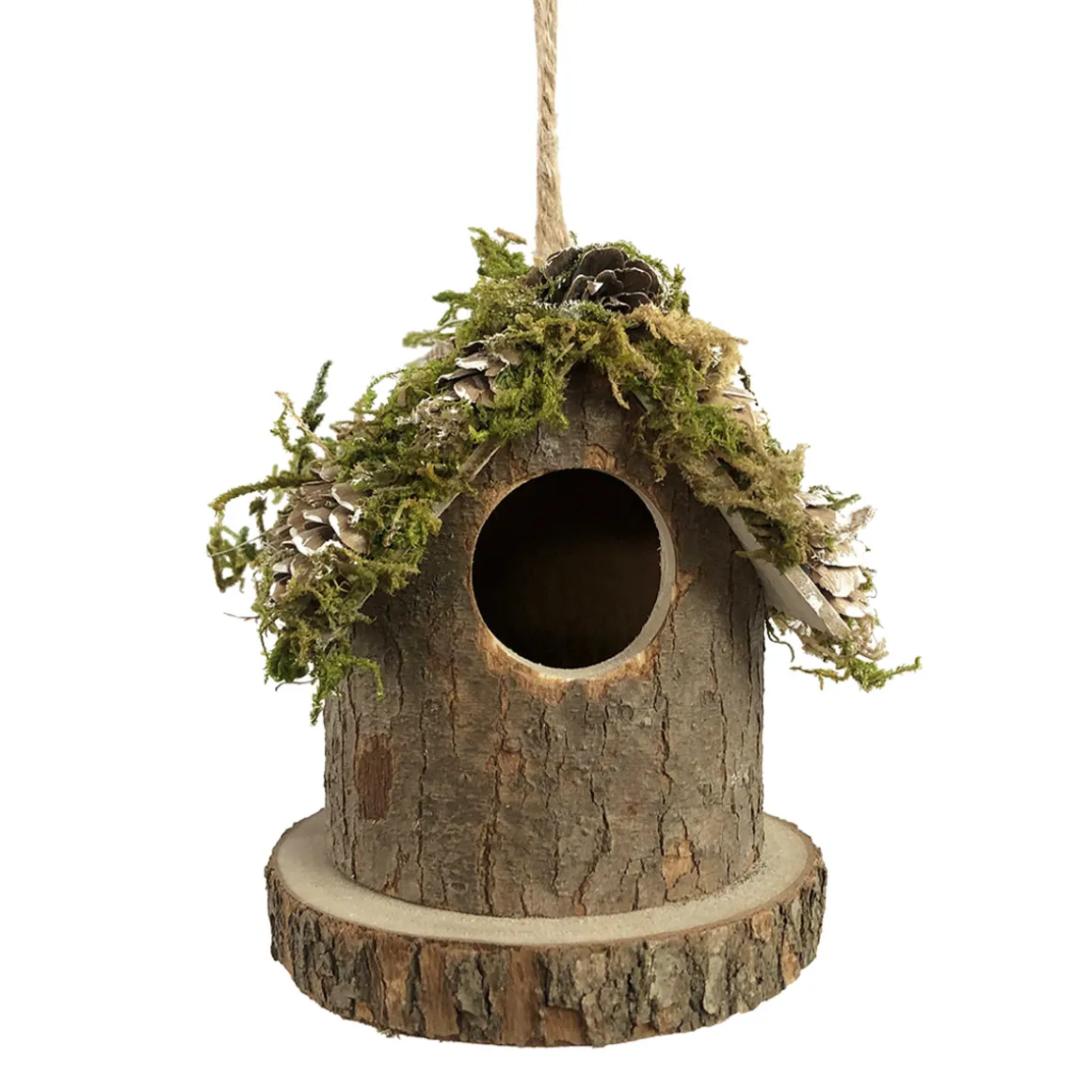 Kleines Deko Vogelhäuschen Natur, Holzhäuschen rund mit Moos, Naturholz und Zapfen, 10x12cm