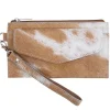 Kuhfell Mäppchen mit Außenfach, Geldbörse mit Handschlaufe braun-weiß, 20x11cm, Mars & More