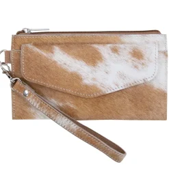 Kuhfell Mäppchen mit Außenfach, Geldbörse mit Handschlaufe braun-weiß, 20x11cm, Mars & More