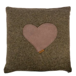 Landhaus Loden Kissen "Herzerl" moosgrünes Filzkissen mit Lederapplikation Herz, 42x42cm