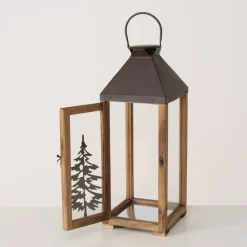 Laterne Finnley, Holzlaterne mit Metalldach und Tannenbaum, 55cm, Boltze Home Collections