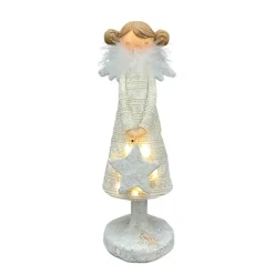 LED Engel mit Stern, schlanker Weihnachtsengel mit Federboa und Stern, 29cm