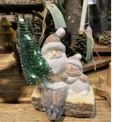 LED Weihnachtsmann Winter, Weihnachtsmann mit Schneemann und LED Christbaum, 11x15cm, Keramik