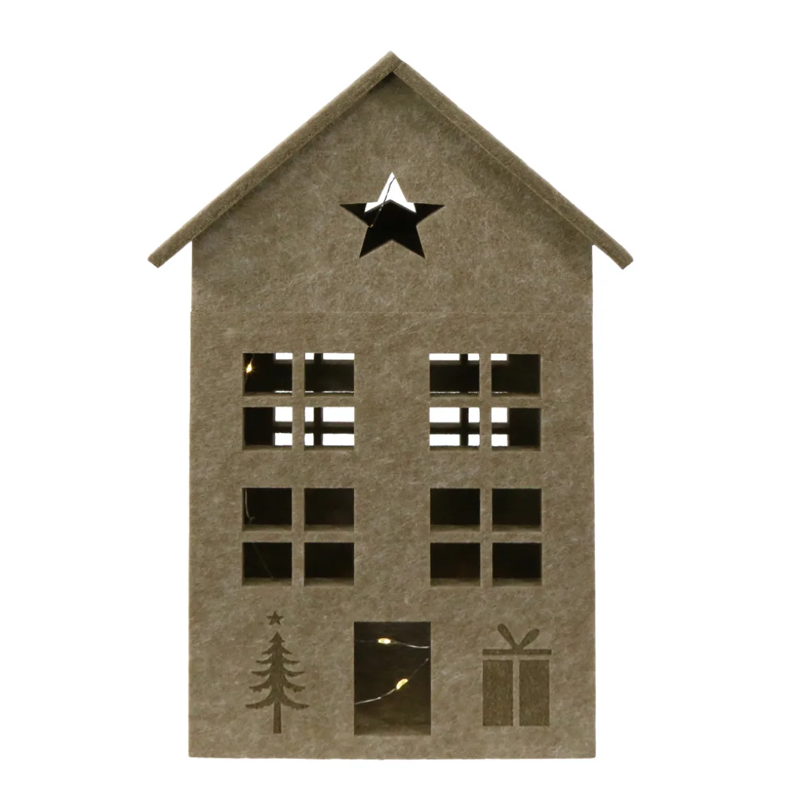 LED Haus mit Stern, großes hellbraunes Filzhaus Landhaus mit Lichterkette, 40cm